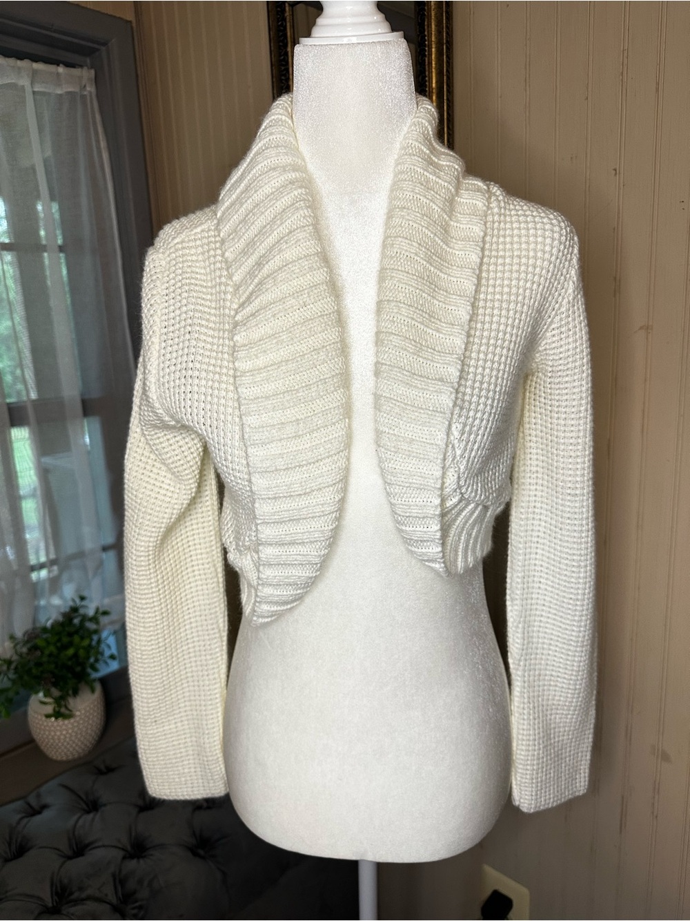 Vintage WHALE White Knit Shrug Cardigan Open Front Cropped Bolero Sweater XS/S
